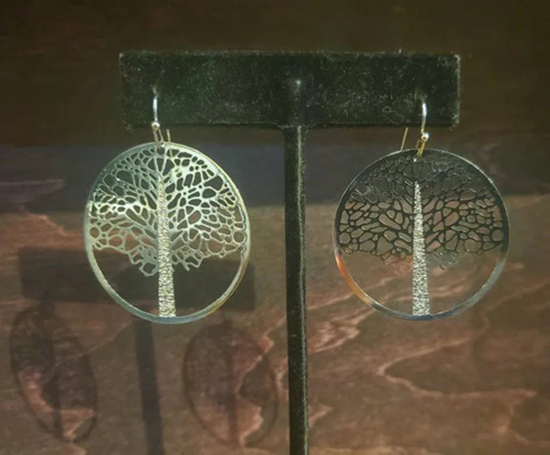 Laser-cut circular tree of life earrings with dangling bar detail