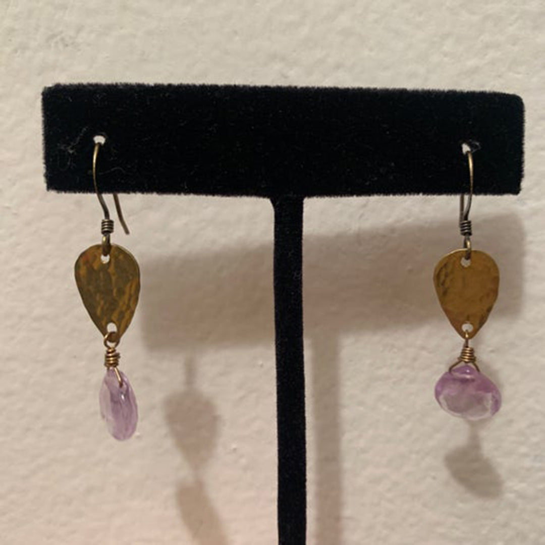 Light Amethyst Hammered Brass Teardrop Earrings