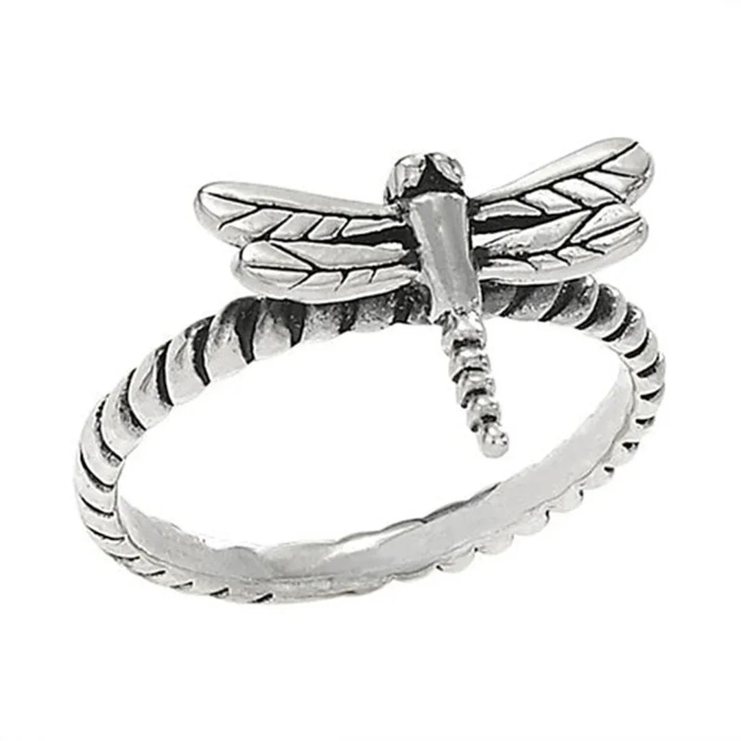 Sterling silver dragonfly ring, size 7, dark crystal accents on wings and body