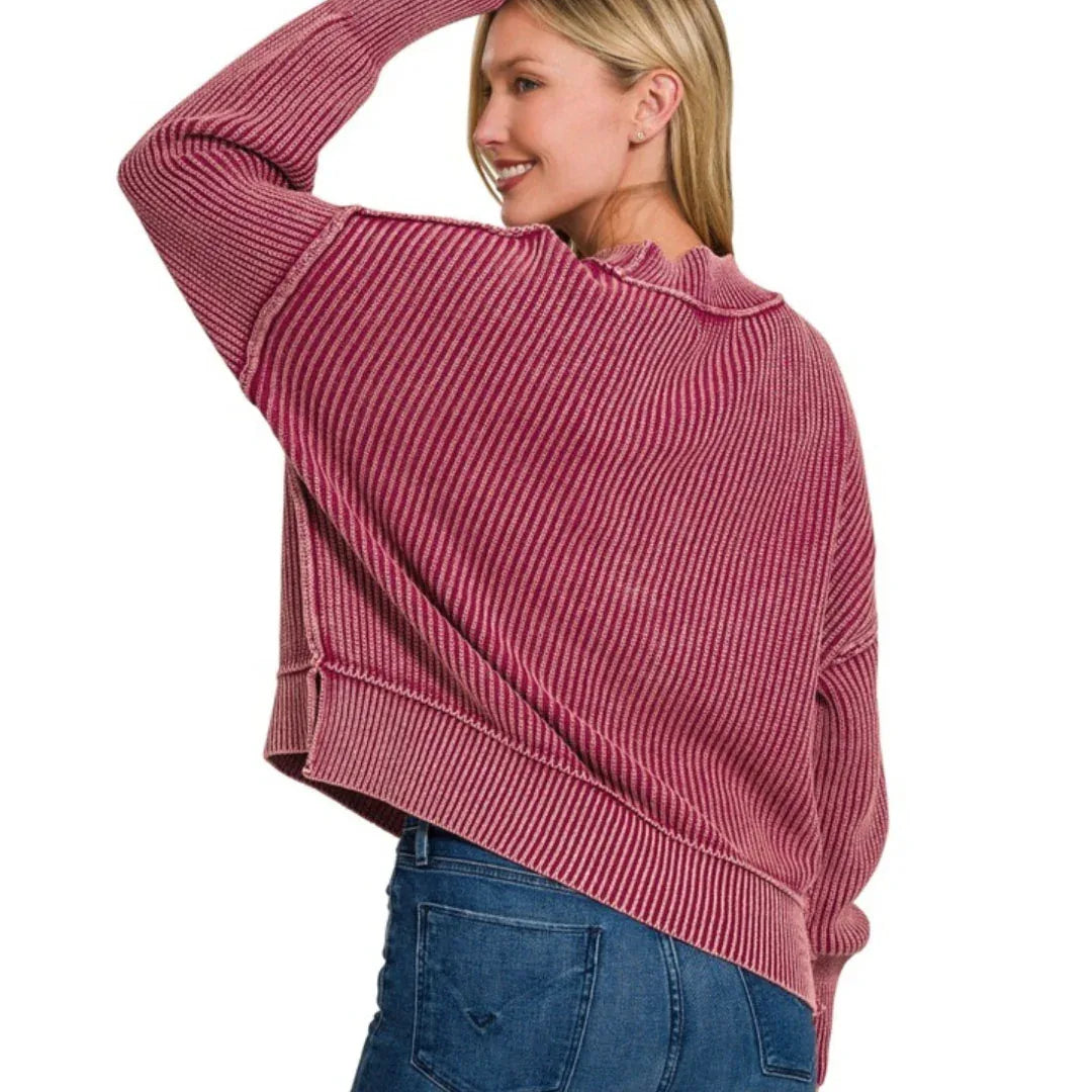 Mineral-washed thick ribbed sweater, cabernet pink, relaxed fit with dropped shoulder