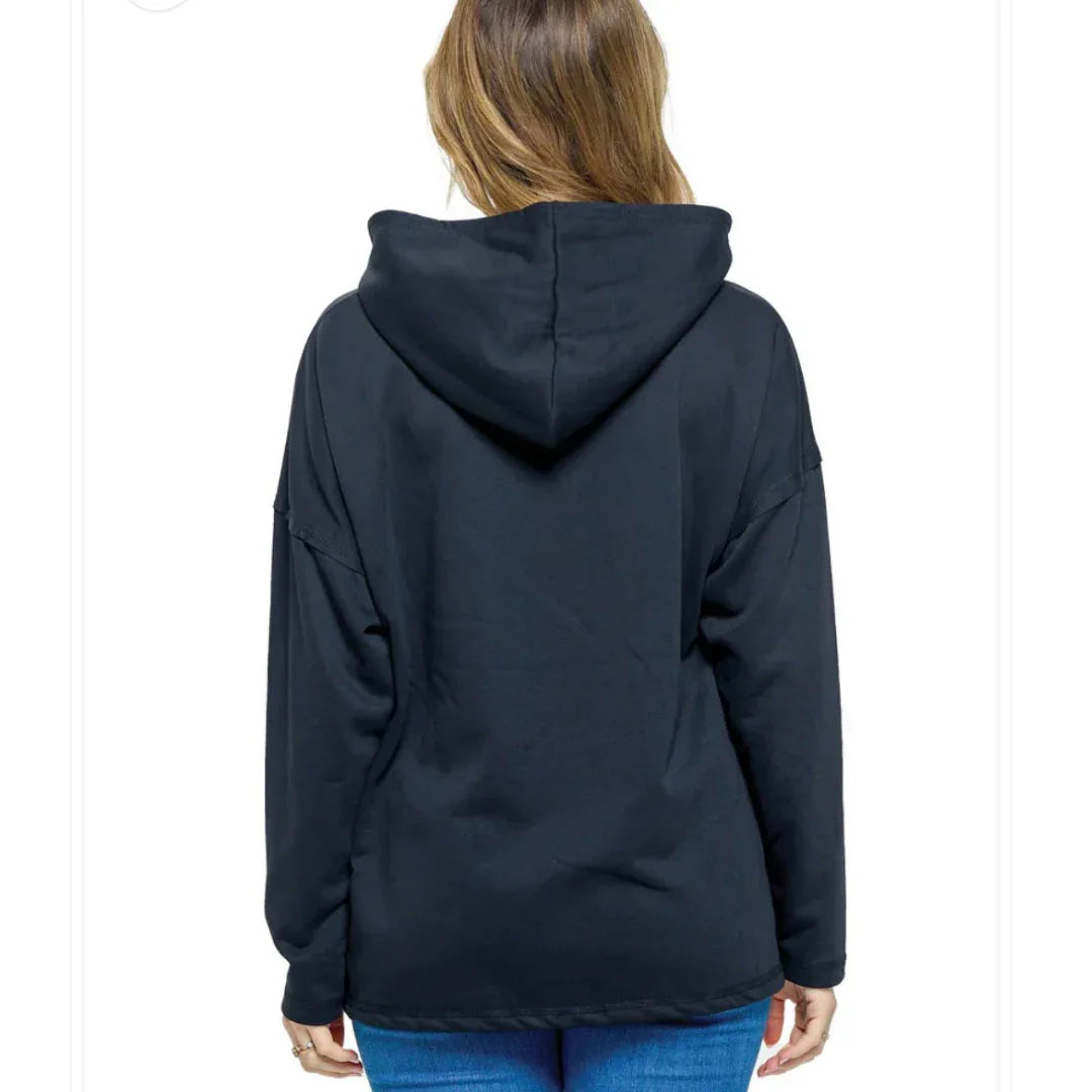 Mushrooms & Moons hoodie in dark navy, back view with hood and long sleeves