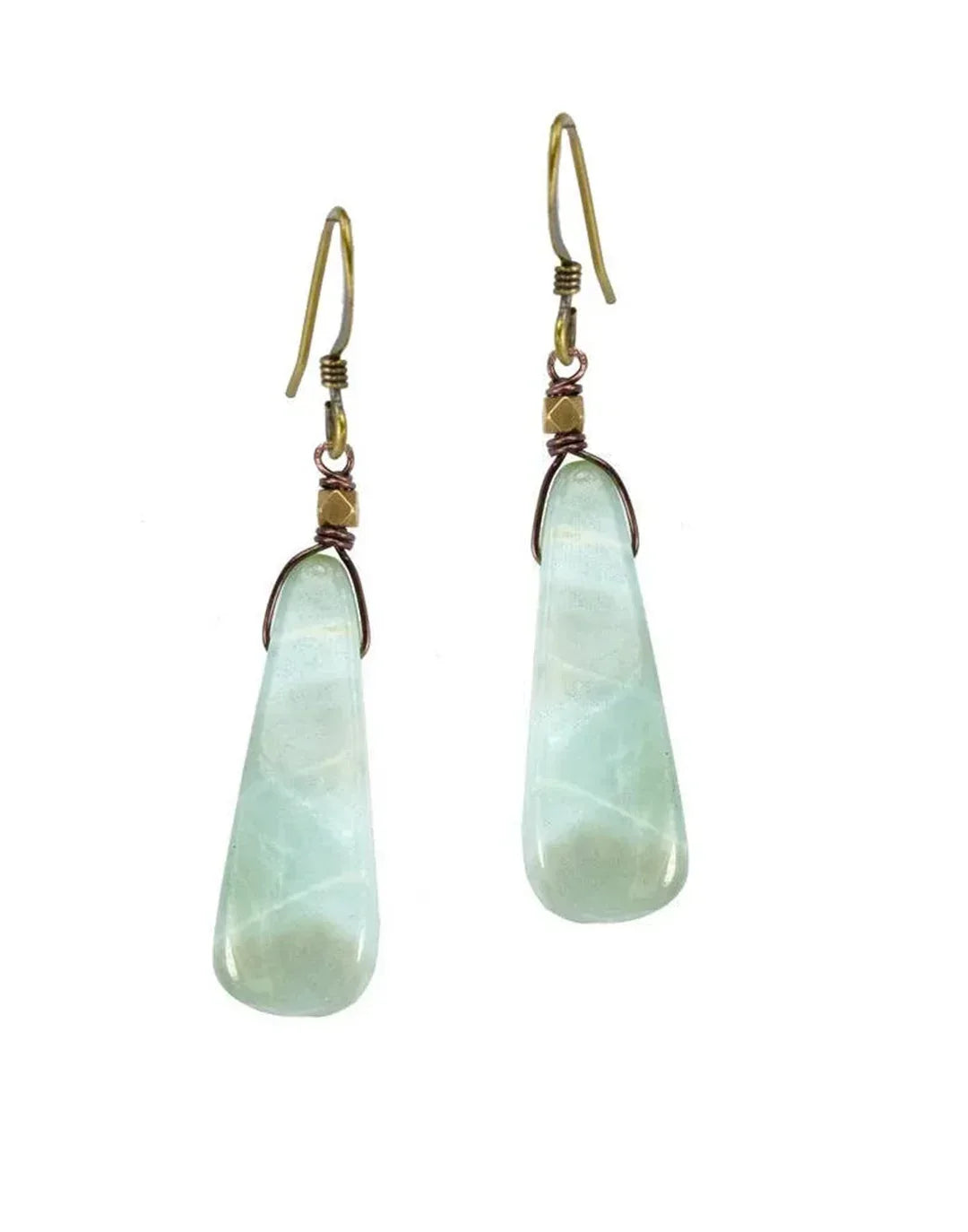 Powder blue amazonite slab earrings with brass beads and metal dangle hooks