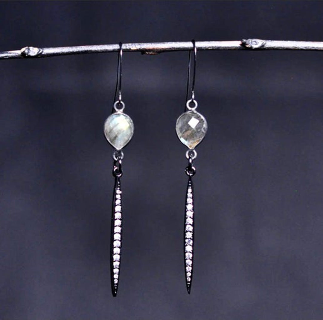 Gunmetal Pave Point Earrings with Labradorite