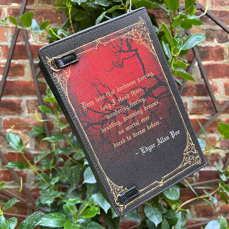 Back of the Raven Storybook purse with a short excerpt of the book