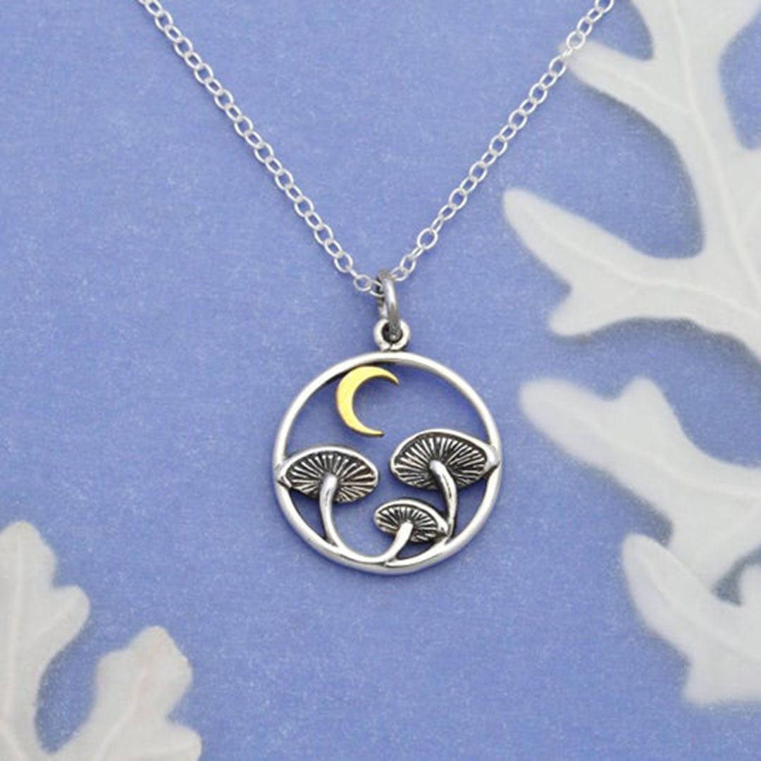 Sterling Silver 18 Inch Mushroom Necklace with Bronze Moon