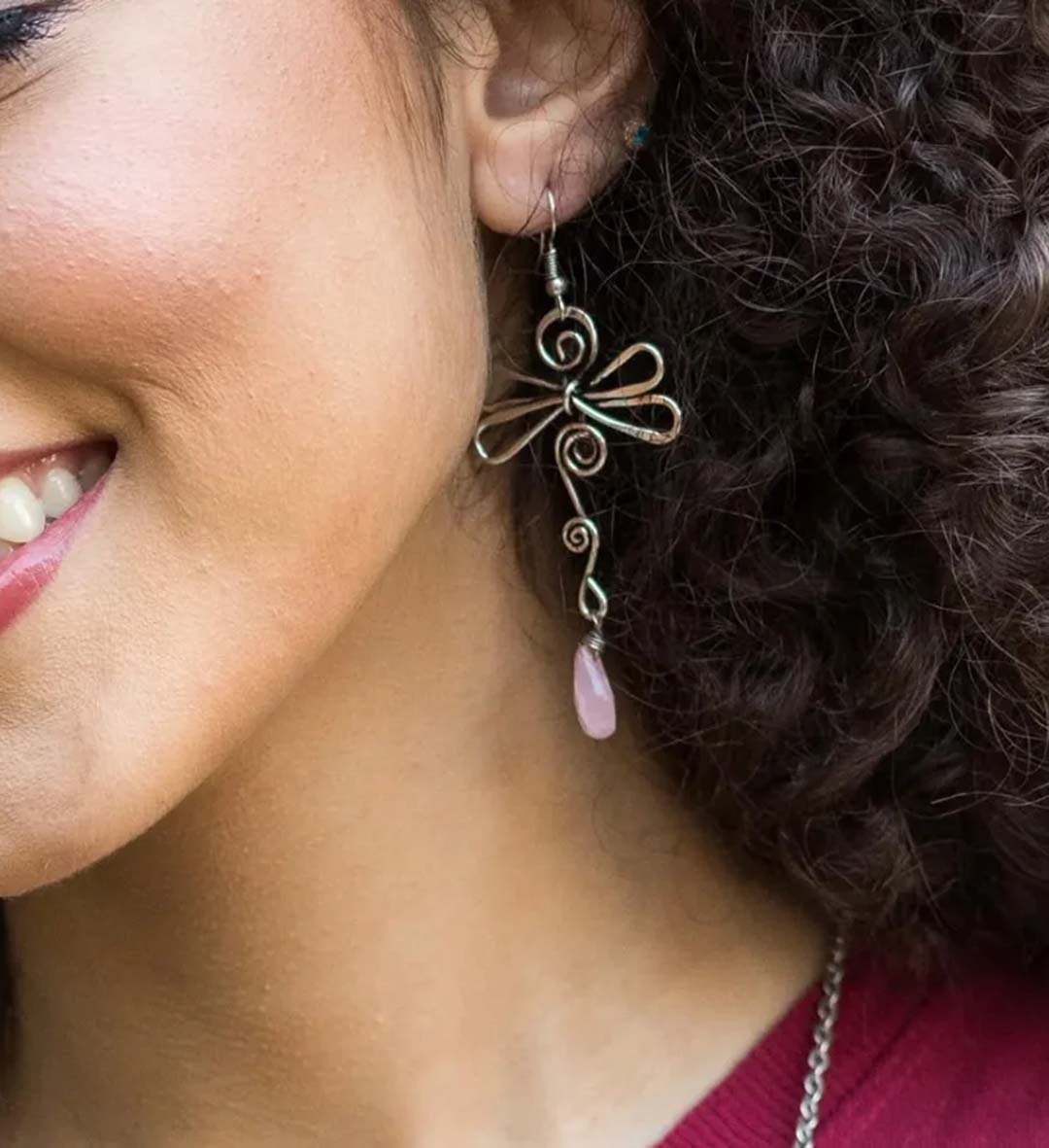 Wire Wrapped Silver Dragonfly Earrings w/ Quartz