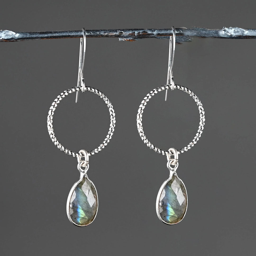 Silver Medium Circle w/ Clear Quartz Earrings