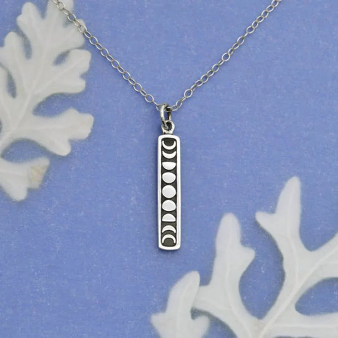 Sterling silver vertical moon phase pendant necklace on chain
