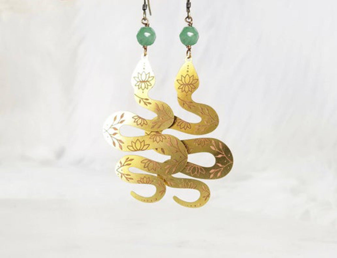 Floral Snake Brass Gemstone Earrings
