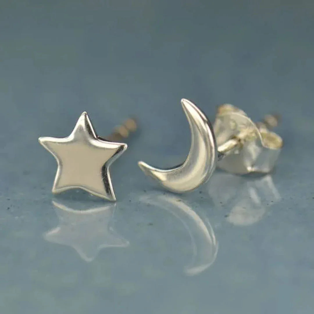Star and Moon stud earrings, sterling silver, 7x5mm: star and crescent moon pair
