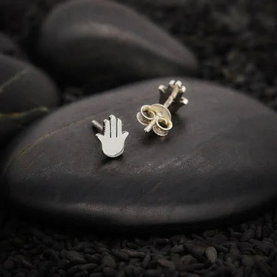 Sterling silver Hamsa hand stud earrings, small 7x6mm
