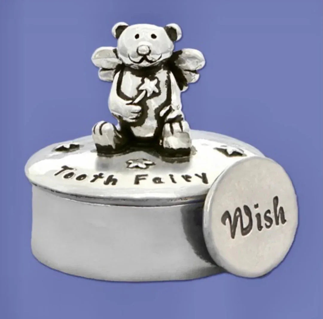 Teddy Bear Fairy box with bear figurine, round “Wish” plaque and heart-shaped lid