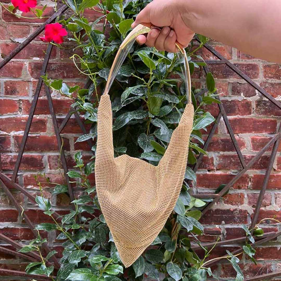 Gold rhinestone bag with aux gold handle against green foliage and brickwall