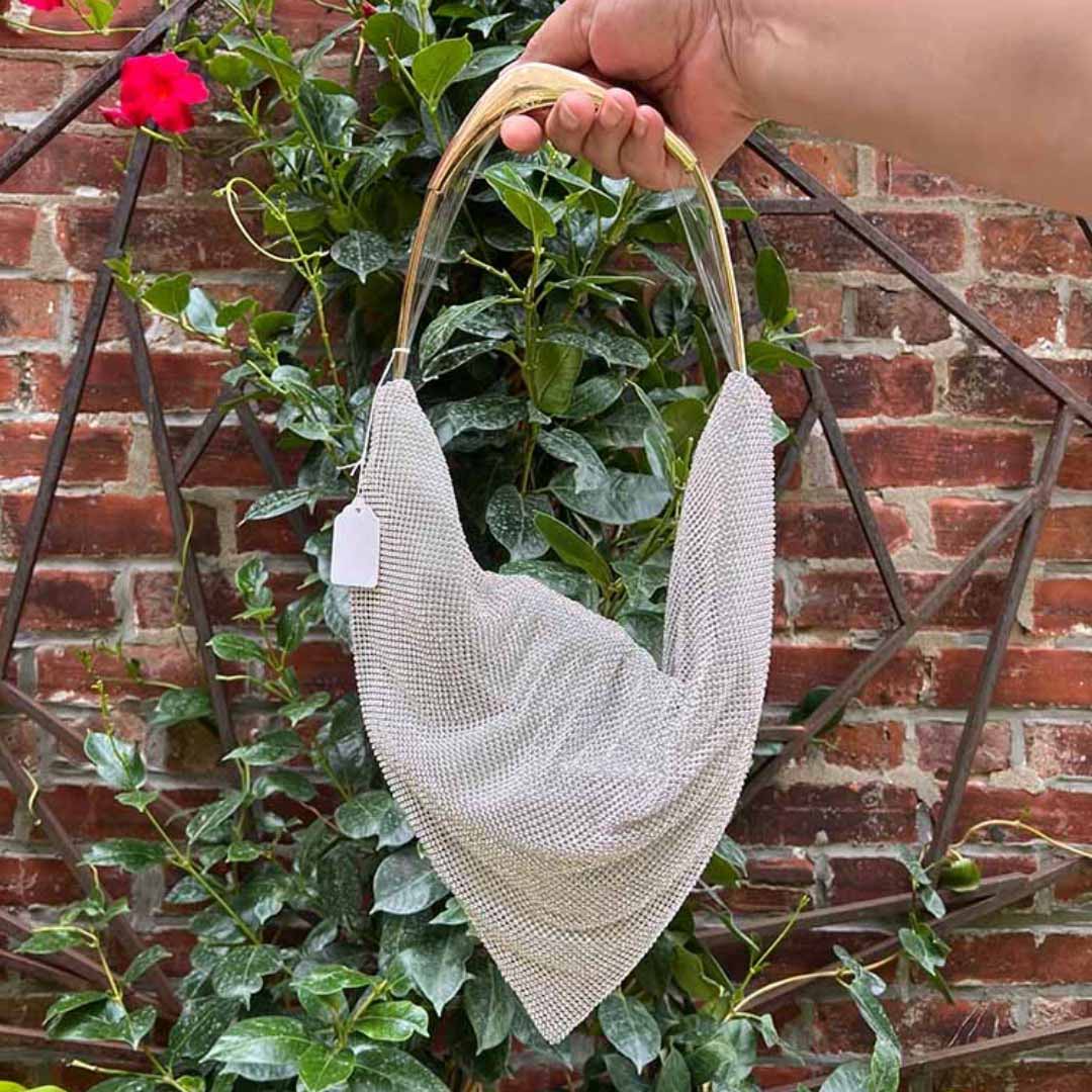 Silver rhinestone bag with faux gold handle against green foliage and brick wall