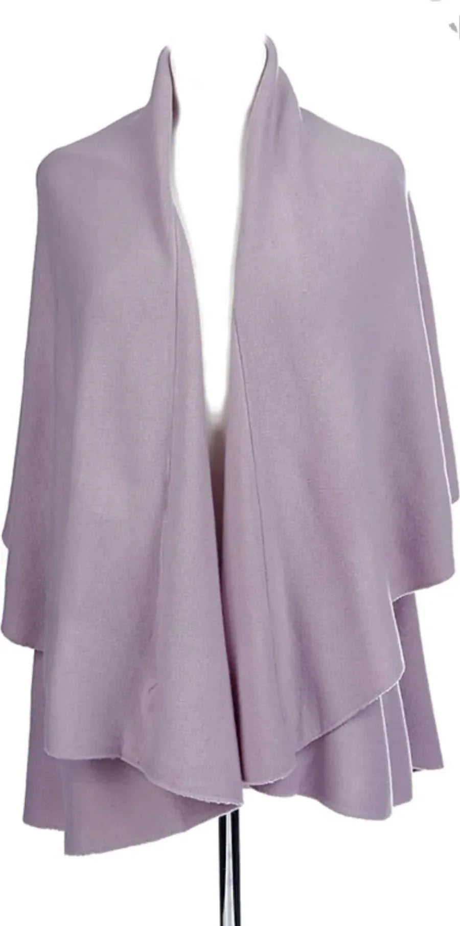 Lavender vest-shawl with open front, layered drape, short sleeves and asymmetrical hem