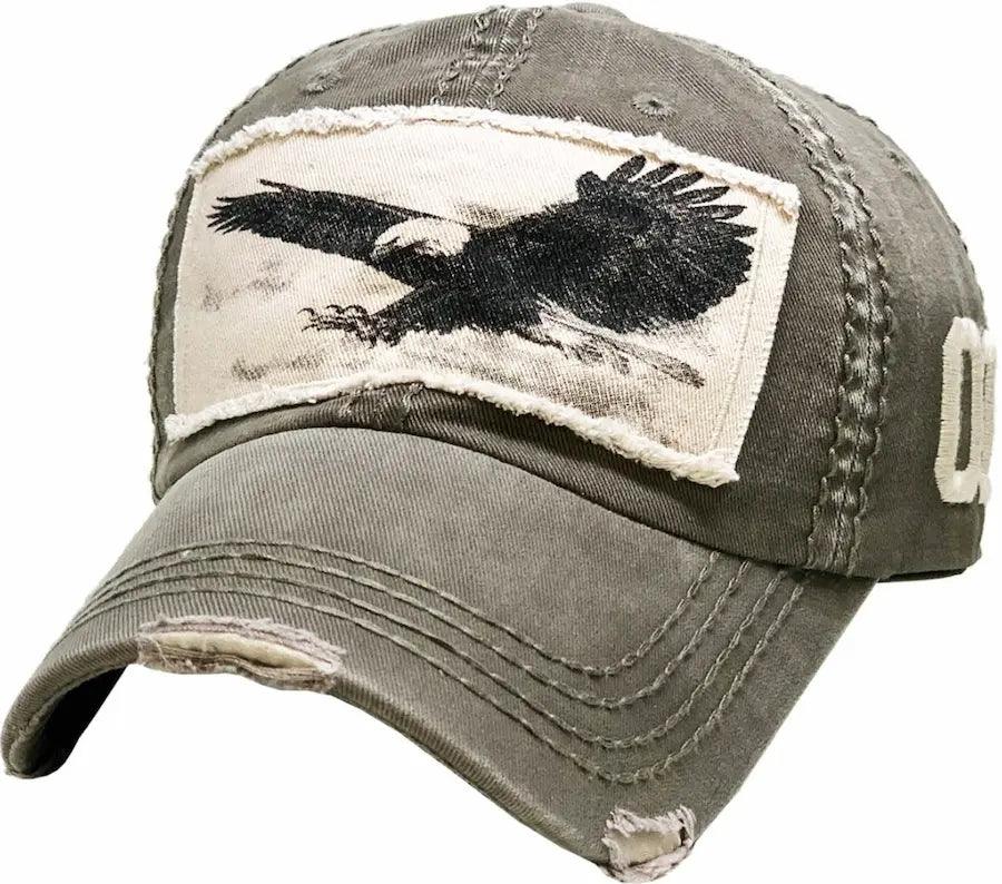Distressed olive baseball cap with eagle graphic patch and curved brim