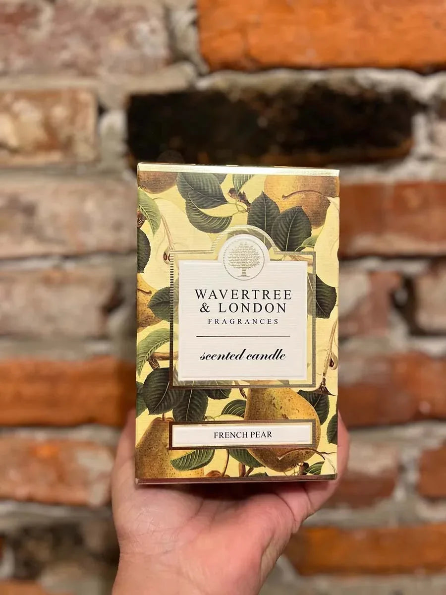 Wavertree Candle box – French Pear scented candle, pears and green leaf illustration