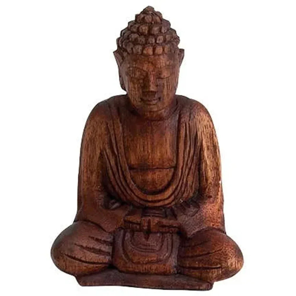 Wooden seated Buddha statue, dark carved wood with folded robes and cross-legged pose
