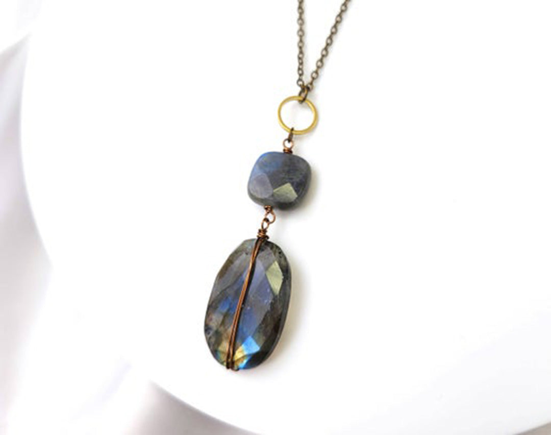 Wrapped Labradorite Stone Brass Necklace (Long Necklace)