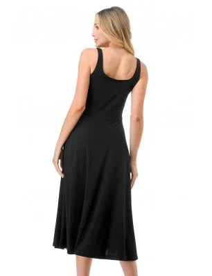 Black tank midi dress with scoop back and A-line flare