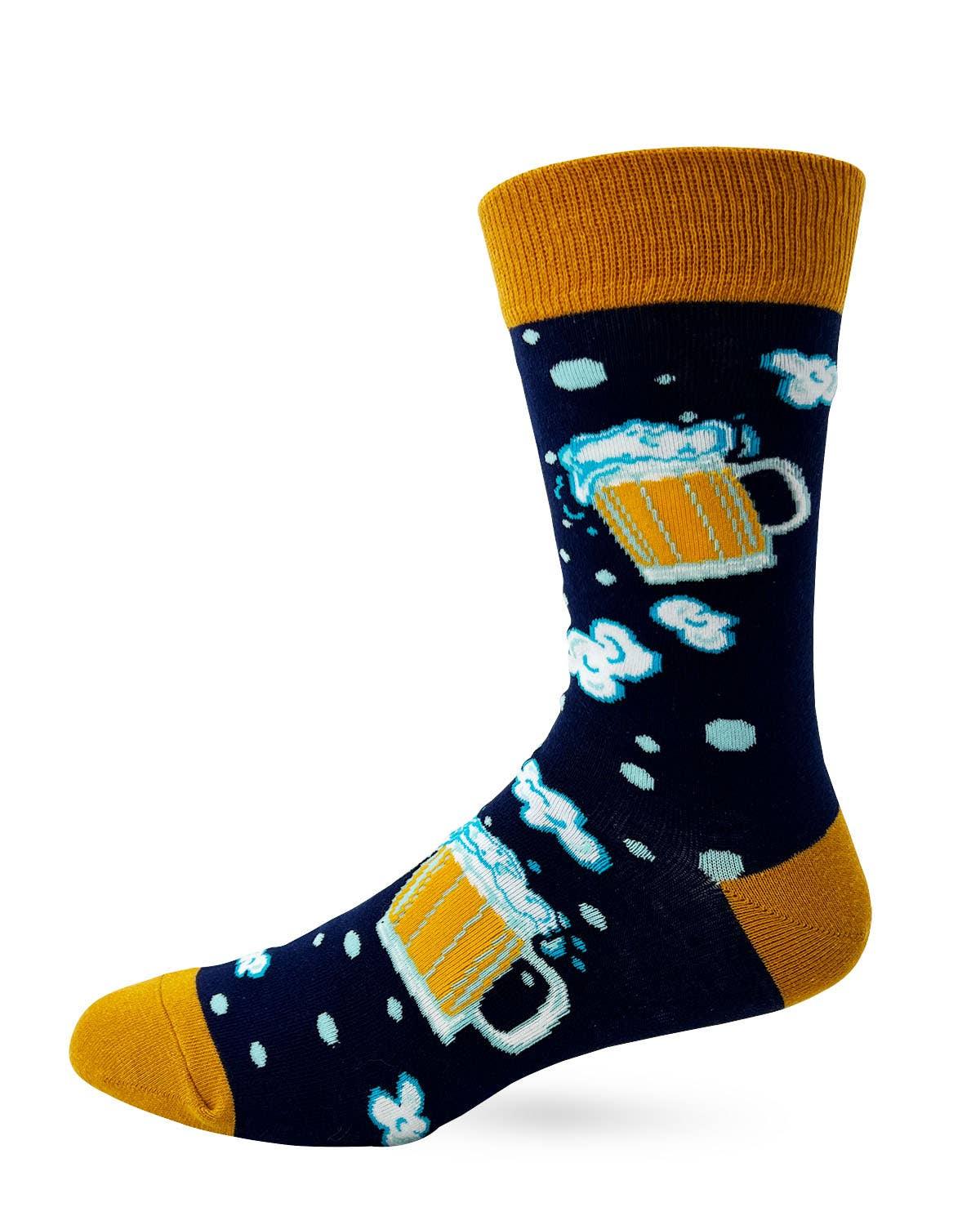 Navy crew socks with yellow toe and cuff; beer stein and foam icons