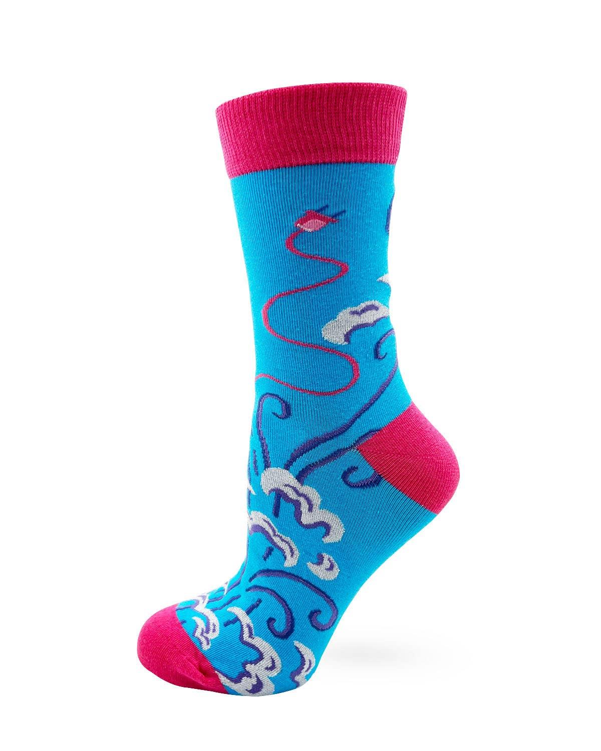 Women's crew socks in blue and pink with illustrated swirls and razor icon