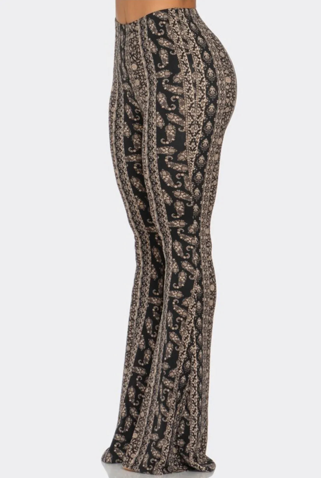 Side view black-and-tan flare leggings with boho stripe print