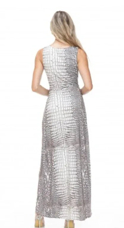 Back view: snakeskin maxi dress with scoop back, sleeveless fitted waist