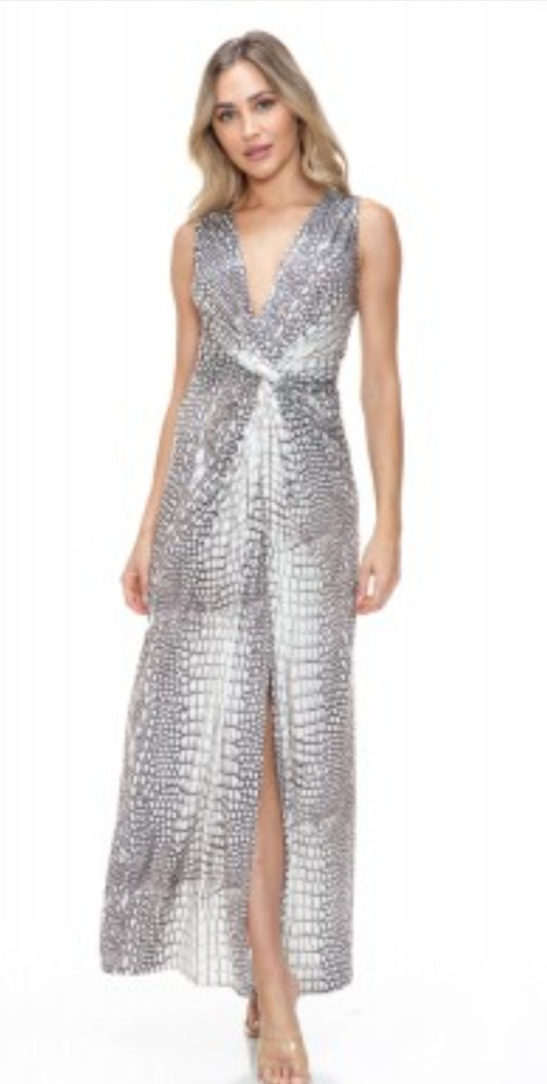 Plunging V-neck Snakeskin Maxi Dress