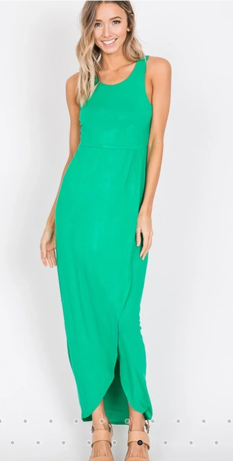 Green sleeveless wrap maxi dress with scoop neckline and front slit