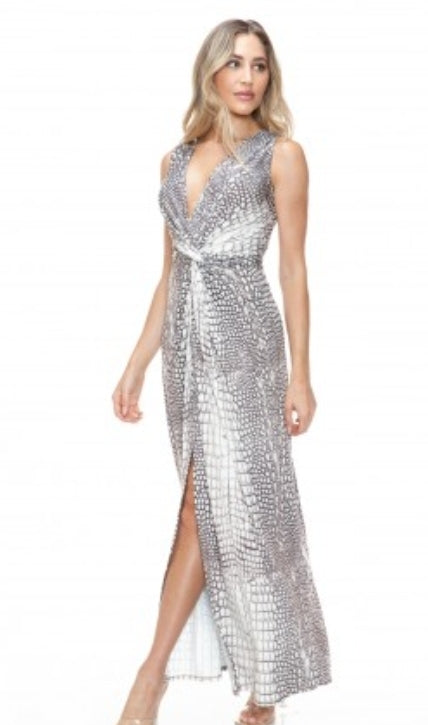 Plunging V-neck Snakeskin Maxi Dress