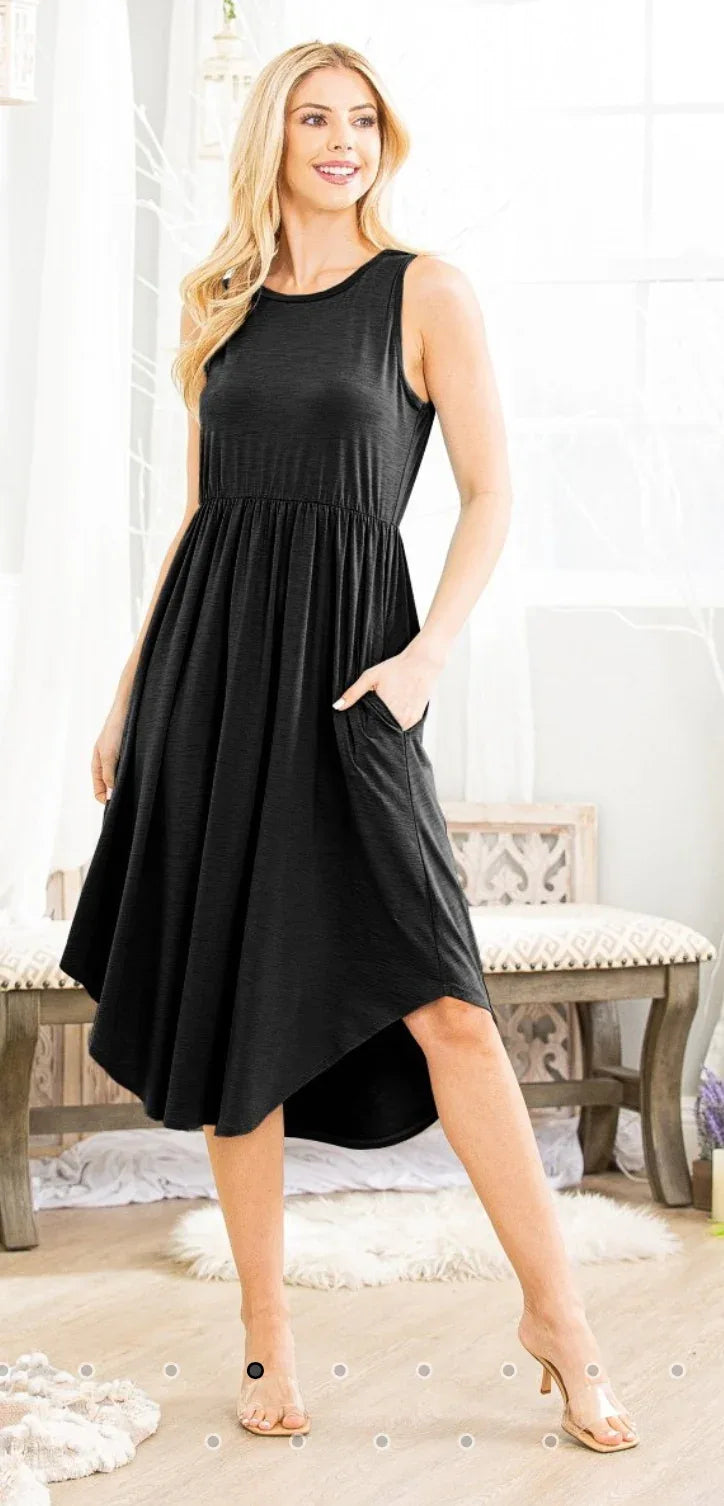 Little black midi dress, sleeveless with gathered waist and flared skirt