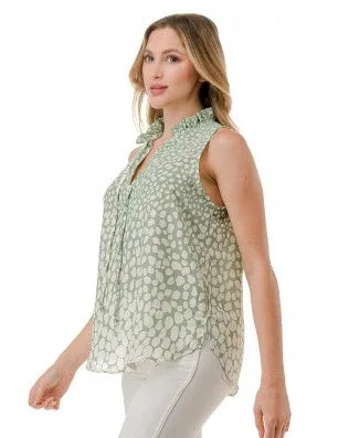 Sage sleeveless tank top with floral pattern and curved hem