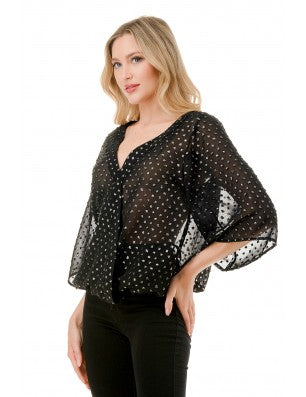 Sheer V-neck with a short bell sleeve