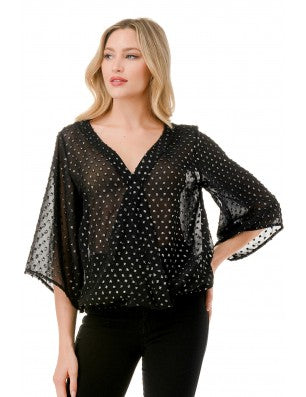 Sheer V-neck with a short bell sleeve