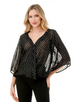 Sheer V-neck with a short bell sleeve