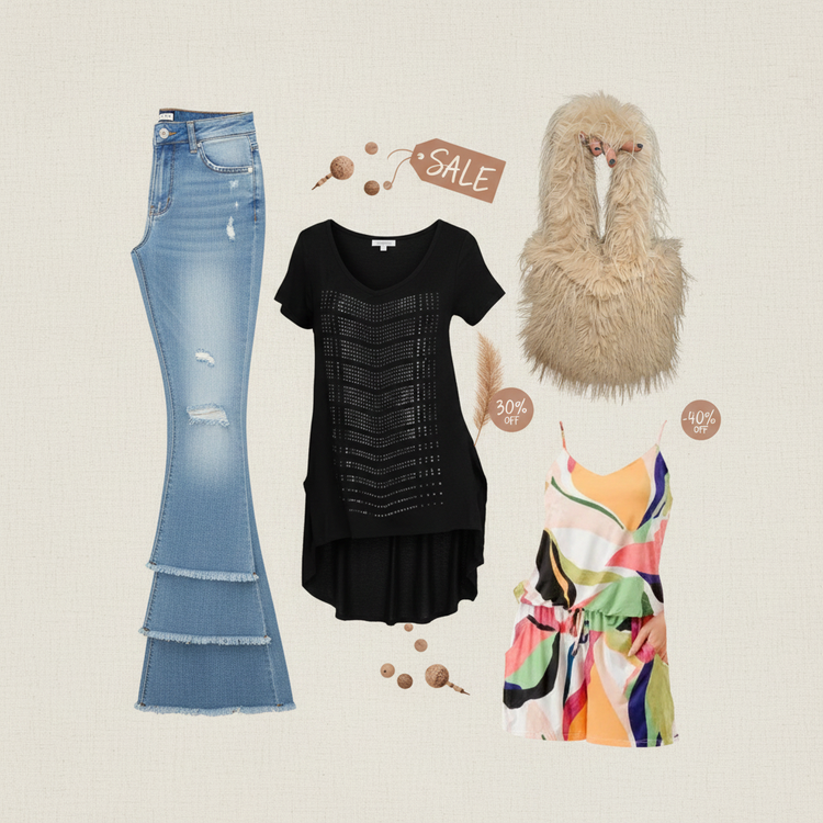 A collection of top trending clothing that i on sale including distressed flare denim, a black tee with subltle sparkle from rhinestones, a furry tote bag and comfortable colorful summer romper