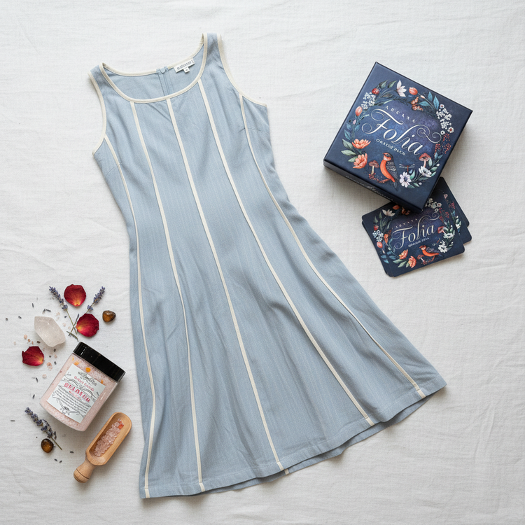 Blue denim like pinstripe linen dress styled with relaxing bathsalts, rose petals and hand drawn Tarot Cards to represent all the new arrivals at Urban Princess