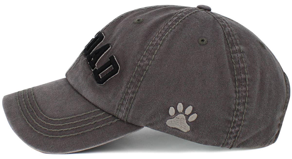 Dark grey washed cap with paw print graphic and small side logo, curved brim