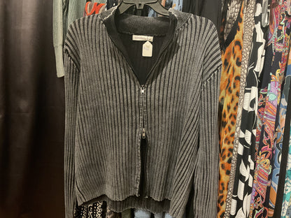 Grey double zip sweater close up hanging on a clothing rack