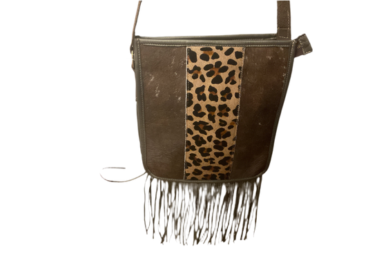 Leather Handbag with Hairon and Animal Print Detail