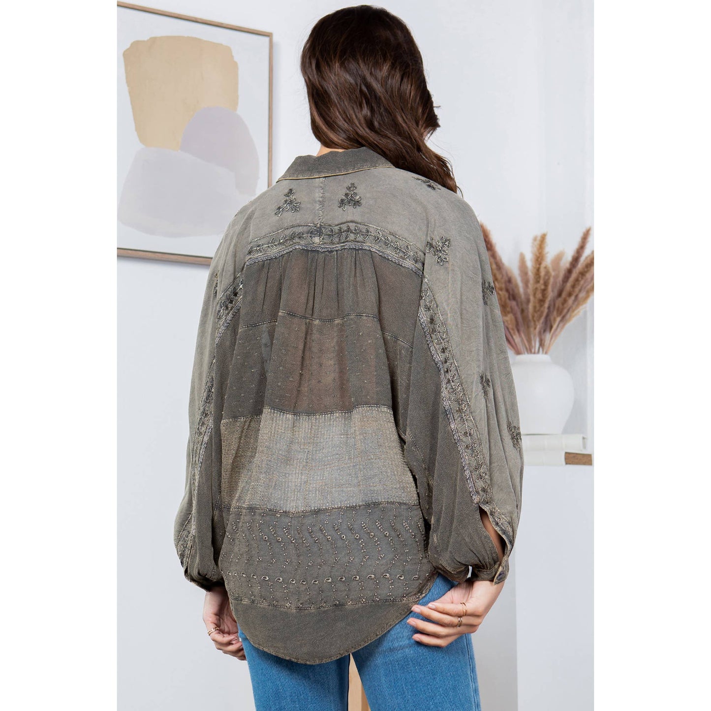 Embroidered patchwork tunic shirt, dark olive/gray, back yoke with beadwork