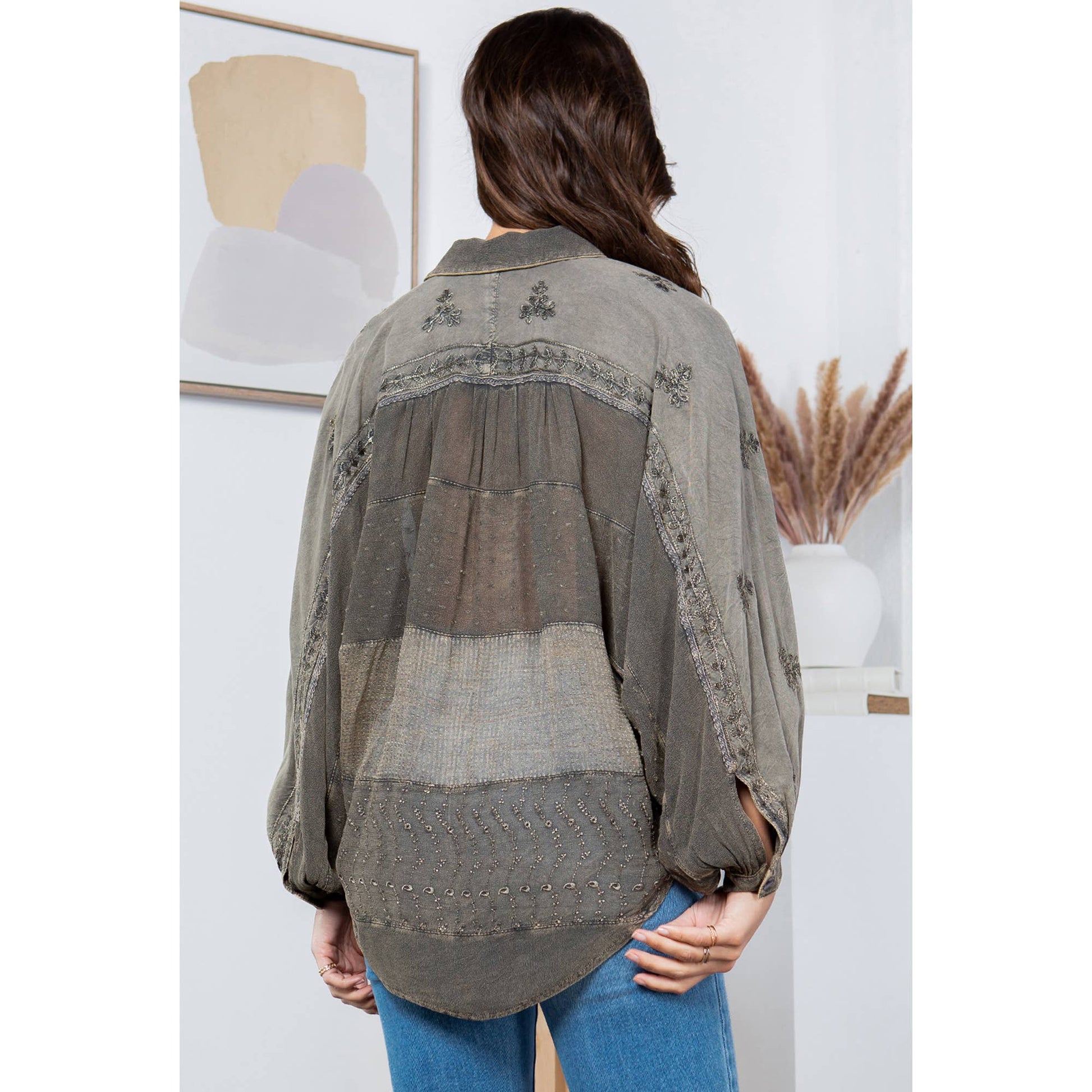 Embroidered patchwork tunic shirt, dark olive/gray, back yoke with beadwork