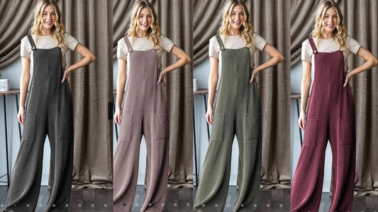 4 pictures next to each other of the sale model wearing the super comfy jumpsuit in black, cocoa, olive and wine.