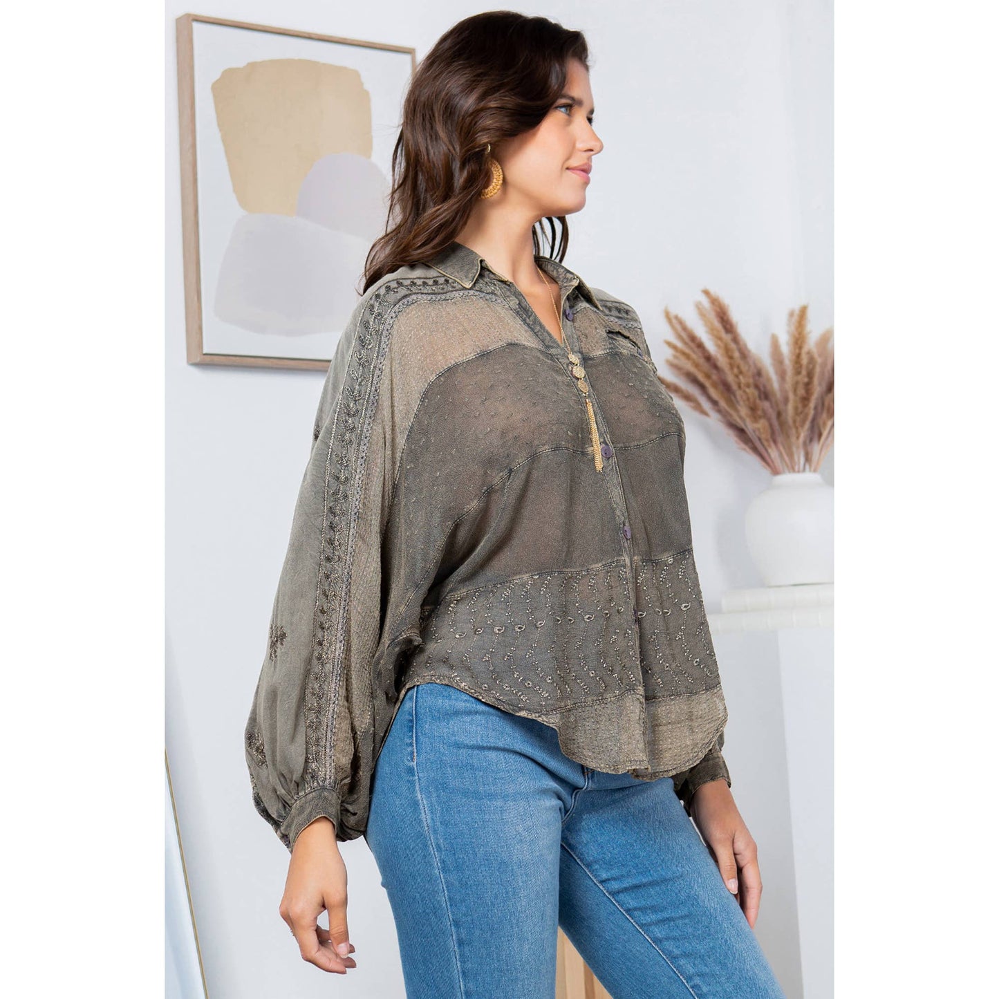 Embroidered patchwork tunic shirt, dark olive/gray, curved yoke and button collar