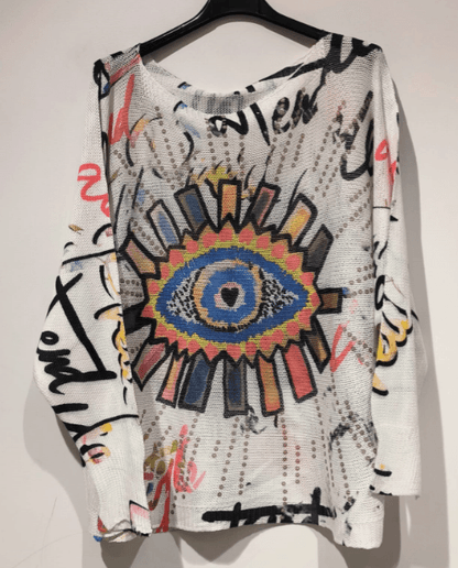 Round knit sweater, light base with multicolor evil-eye graphic, crew neck, long sleeves