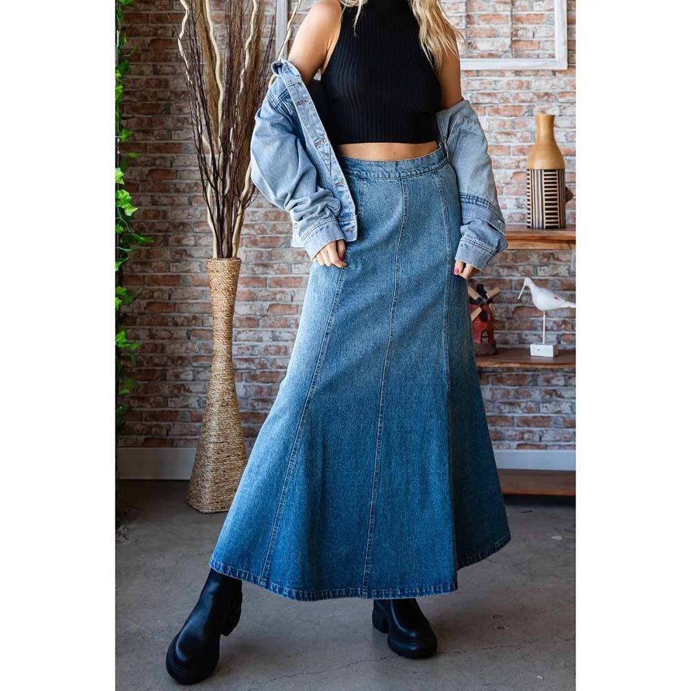 A-line Flare Paneled Denim Skirt