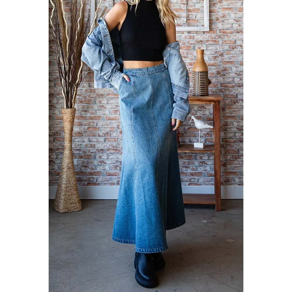 A-line Flare Paneled Denim Skirt