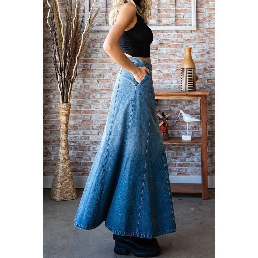 Medium wash A-line denim skirt with paneled panels and high waist band