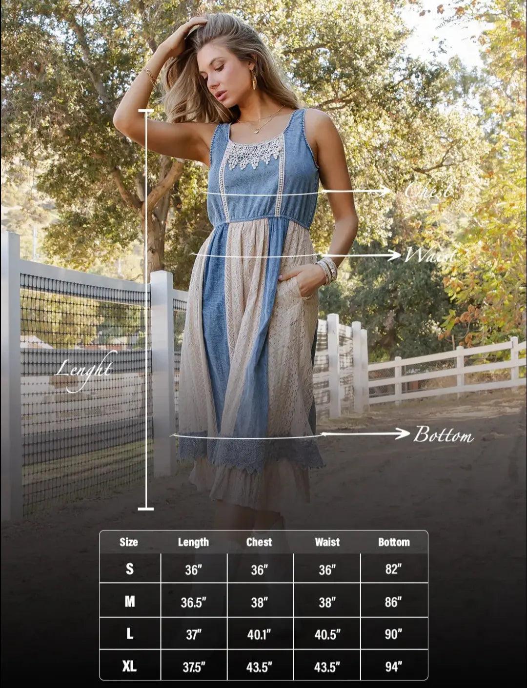 Woman wearing a two-tone denim and lace boho midi dress with measurements displayed, outdoors.